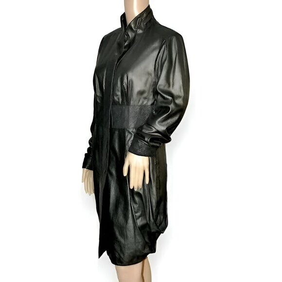 Gian Mori Designer Vintage 80s Black Leather Dress Duster Coat Jacket 40 M 6-8 - Picture 6 of 13